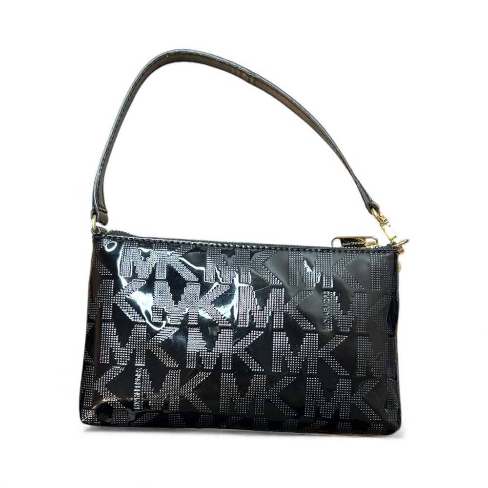 👩🏻🍳Sold👩🏻🍳Michael Kors Black and Gold Monogram sleek Wristlet Mini Bag EUC - Picture 3 of 6